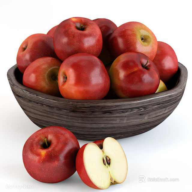 Fresh Ripe Red Apples in Dark Bowl with Whole and Sliced Pieces 3d model 