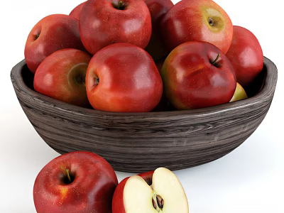 Fresh Ripe Red Apples in Dark Bowl with Whole and Sliced Pieces 3d model