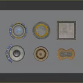 Various Decorative Plates With Assorted Shapes And Colorful Designs On Transparent Surface