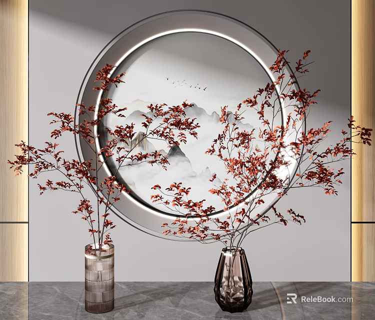 Red Branch Flowers in Glass Vases with Round Mirror and Landscape Painting 3d model 