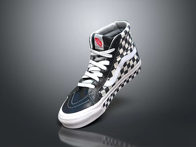 High Top Black And White Checkerboard Sneakers With White Laces And Red Logo 3d model