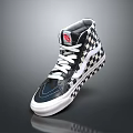 High Top Black And White Checkerboard Sneakers With White Laces And Red Logo