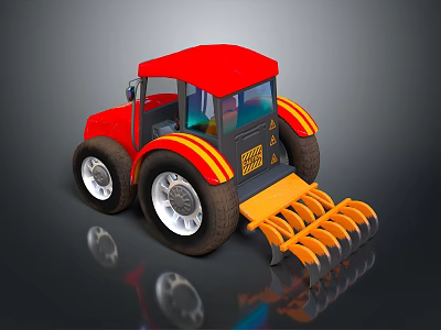 Red Toy Tractor With Large Wheels Yellow Front Attachment And Colorful Stripes 3d model