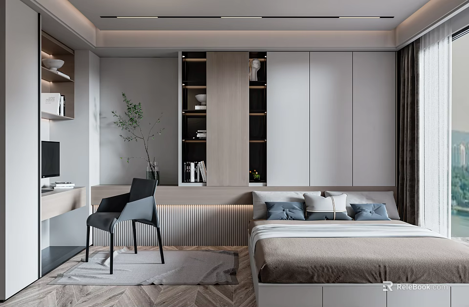 Minimalist Tatami Bedroom Interior Design With Storage Cabinets Desk Chair And Green Plant 3d model 