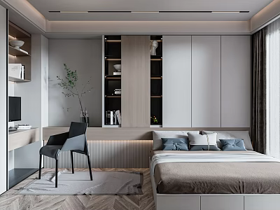 Minimalist Tatami Bedroom Interior Design With Storage Cabinets Desk Chair And Green Plant 3d model