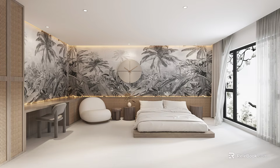 Modern Hotel Room Interior Featuring King Bed Tropical Mural And Relaxation Space 3d model 
