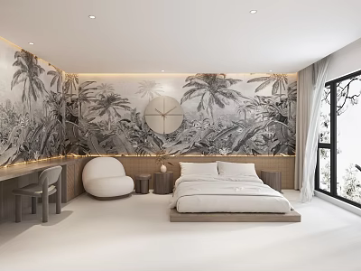 Modern Hotel Room Interior Featuring King Bed Tropical Mural And Relaxation Space 3d model