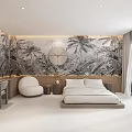 Modern Hotel Room Interior Featuring King Bed Tropical Mural And Relaxation Space