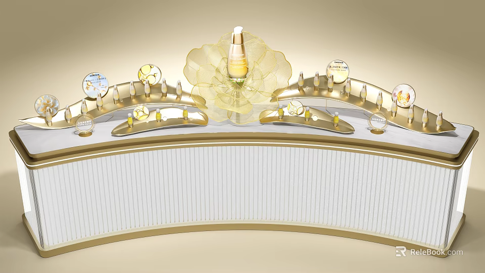 Golden Floral Shaped Art Installation With Curved Display Counter And Central Bottle Decor 3d model 