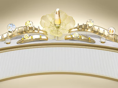 Golden Floral Shaped Art Installation With Curved Display Counter And Central Bottle Decor 3d model