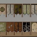 Japanese Traditional Curtains with Bamboo Plum Bird Patterns in Beige Green Brown Black Tones