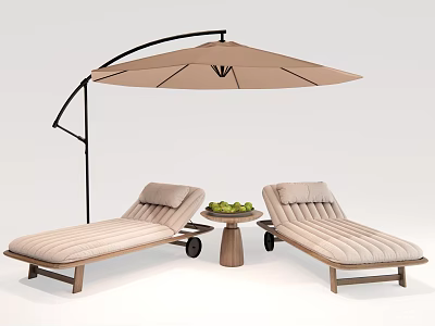Outdoor Patio Lounge Chairs With Umbrella Side Table And Fresh Fruits 3d model