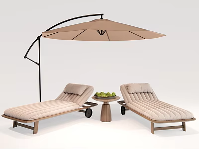 Outdoor Patio Lounge Chairs With Umbrella Side Table And Fresh Fruits 3d model