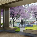 Serene Residential Landscape With Cherry Blossom Trees Walking Path And Pavilion