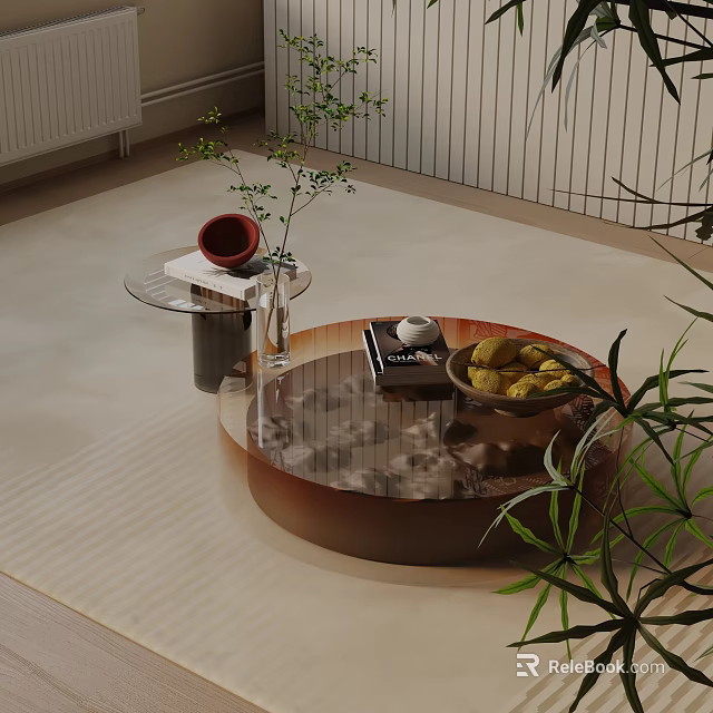 Modern Sofa and Coffee Table Set With Glass Top Wooden Base and Decorative Plants 3d model 