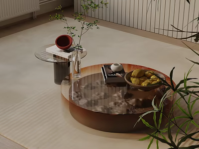 Modern Sofa and Coffee Table Set With Glass Top Wooden Base and Decorative Plants 3d model