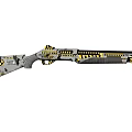 Mechanical Rifle With Intricate Silver Metallic Design And Yellow Decorative Details