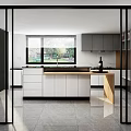 Modern Open Kitchen Interior With Island Countertop Cabinets Refrigerator Glass Doors And Window