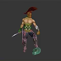 Warrior Character With Red Feathered Helmet Bare Chest And Sword Standing On Green Base