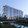 Modern Residential Building with Glass Curtain Walls Landscaped Gardens Lawn Stone Pathway and Seating Area