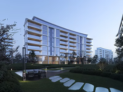 Modern Residential Building with Glass Curtain Walls Landscaped Gardens Lawn Stone Pathway and Seating Area 3d model