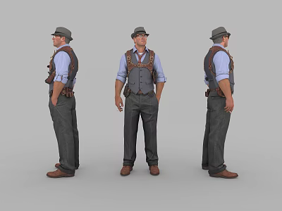 Man In Hat Blue Shirt Gray Vest Dark Pants And Brown Shoes 3d model
