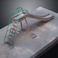 Outdoor Playground Equipment With Green Pink Slide Ladder Metal Frame And Concrete Base