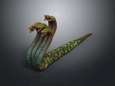 Mythical Snake With Multiple Heads And Green And Yellow Patterned Long Body On Dark Background 3d model