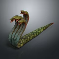 Mythical Snake With Multiple Heads And Green And Yellow Patterned Long Body On Dark Background