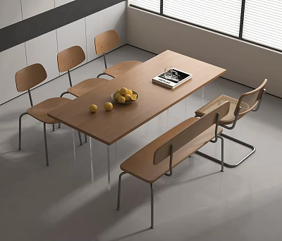 Modern Wooden Dining Table Set With Chairs Bench Lemons And Magazine In Bright Minimalist Space 3d model