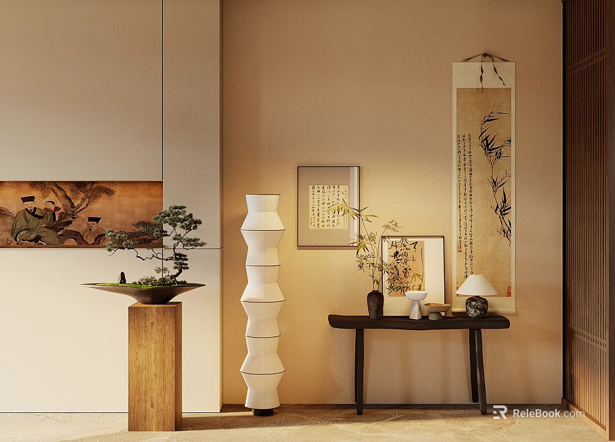 Oriental Entryway Design With Chinese Calligraphy Wall Art Wooden Console Table And Decorative Plants 3d model 