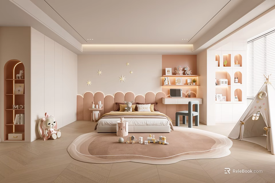 Modern Kids Room Interior Design With Star Wall Decor Bed And Playful Toys 3d model 