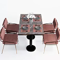 Square Dining Table Set With Marble Top Black Legs And Pink Chairs With Gold Frames 3d model