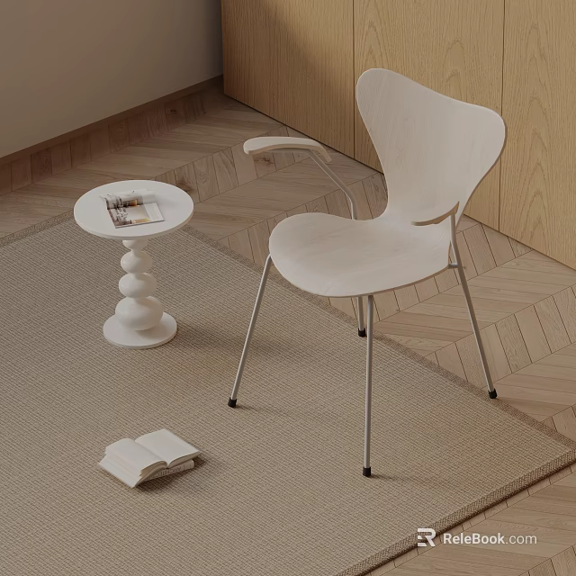 Modern White Wooden Dining Chair With Curved Backrest Metal Legs And Small Round Table 3d model 