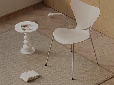 Modern White Wooden Dining Chair With Curved Backrest Metal Legs And Small Round Table 3d model