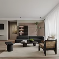 Modern Living and Dining Room Interior With Black Sofa Coffee Table and Large Window 3d model