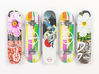 Vibrant Graphic Skateboards with Floral Prints Colorful Stripes Statue Design and Limited Logo 3d model