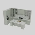 Light Green Kitchen Cabinets With Glass Doors Lighting And Marble Island Countertop