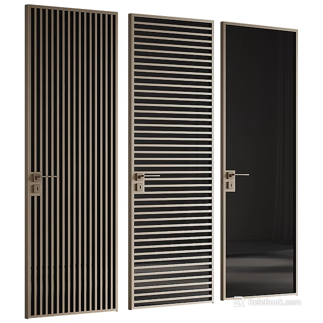 Sleek Modern Swing Doors With Vertical Slat Patterns And Brushed Metal Handles 3d model 