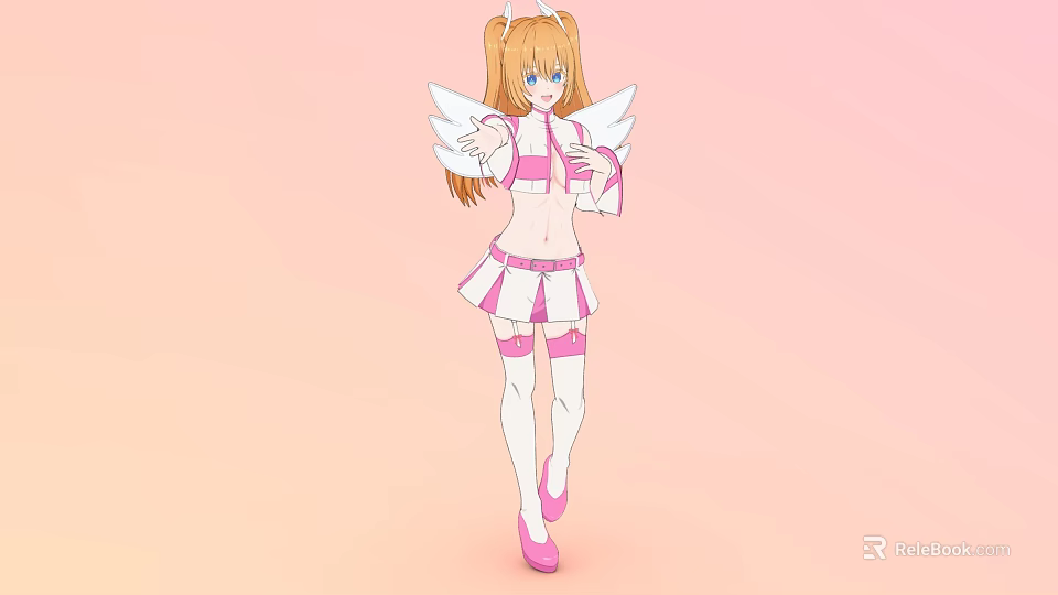 Anime Style Woman With Blonde Twin Tails Angel Wings Pink Outfit White Socks And Pink Shoes 3d model 