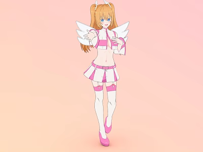 Anime Style Woman With Blonde Twin Tails Angel Wings Pink Outfit White Socks And Pink Shoes 3d model