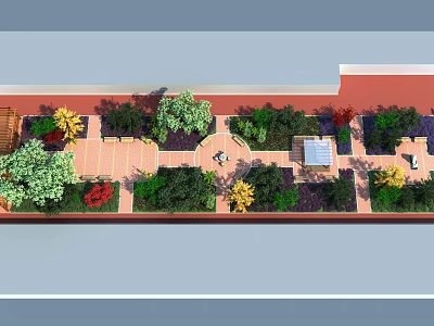 Lush Roof Garden Design With Varied Greenery Paved Paths And Rest Area 3d model