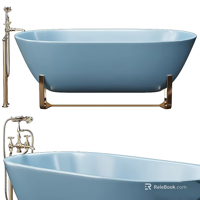 Light Blue Bathtub with Golden Legs and Elegant Faucet Design Details 3d model 