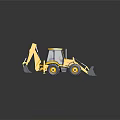 Yellow Backhoe Loader Construction Vehicle With Front Bucket Rear Excavator Arm On Black Background