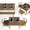 Wooden Tea Table and Matching Chairs with Bench Set Including Multiple Teapots 3d model