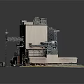 Cartoon Scene of Industrial Facility with Crane Building Platform and Model