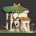 Cartoon Style Two Story Mini House With Orange Roof Balcony Green Tree And Grass