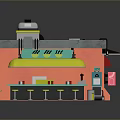 Colorful Multi Level 3D Building Model In Cartoon Style With Yellow Blue Awnings And Stools
