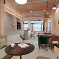 Warm Restaurant Interior With Wooden Tables Colorful Chairs Orange Walls And Bar Counter