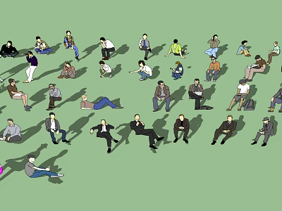 Group of People Sitting and Lying in Various Positions on Green Background 3d model